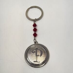 Initial Letter P Round Keychain Charm Silver Tone Red Crystal Beads Chunky